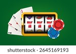 Slot machine with playing chips and cards. Vector 3d clip art isolated on green background.