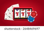 Slot machine with playing chips and cards. Vector 3d clip art isolated on red background.