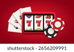 Slot machine with playing chips and cards. Vector 3d clipart isolated on red background.