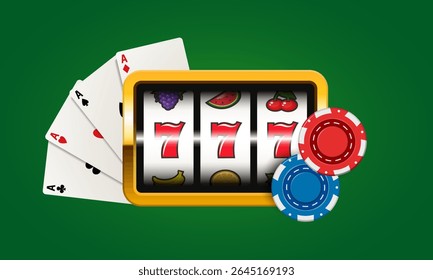 Slot machine with playing chips and cards. Vector 3d clip art isolated on green background.