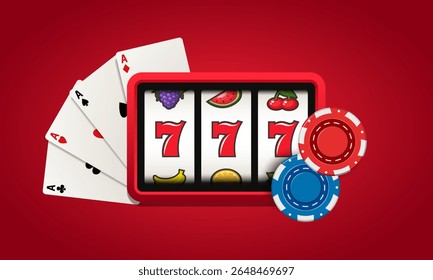 Slot machine with playing chips and cards. Vector 3d clip art isolated on red background.