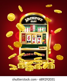Slot machine poster with jackpot on game line, gold dollar coins on red background 3d vector illustration