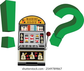 Slot machine with question and exclamation marks symbolizing the uncertainty of gambling and the risks of winning or losing money