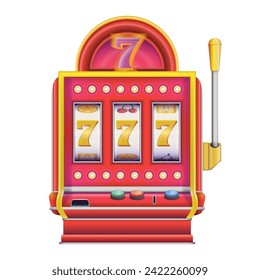 Slot machine in realistic style with lucky sevens 777. Casino Las Vegas jackpot. Colorful vector illustration isolated on white background.