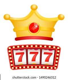 Slot machine results, triple sevens and royal crown flat style. Gambling and winning money for luck and chance. Bingo and victory, crown with gem. Vector illustration in flat cartoon style