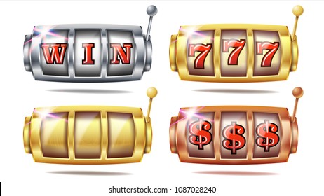 Slot Machine Set Vector. 777. Bingo Background Design. Spin Wheel. Fortune Jackpot. Golden, Silver, Bronze. Casino Illustration