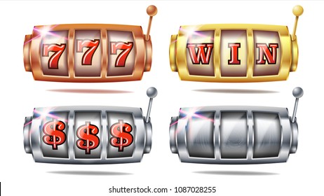 Slot Machine Set Vector. 777. Golden, Silver, Bronze. Gambling Poster. Spin Object. Spin Machine Template. Casino Illustration