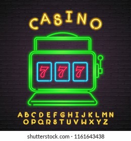 	
Slot Machine Sign Neon Light Glowing Jackpot for Casino. Vector Illustration on Casino Dark Backgroud Yellow Colour
