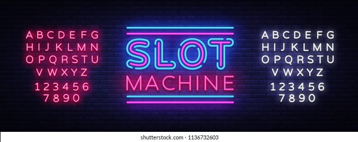 Slot Machine sign vector design template. Slot Machine neon logo, light banner design element colorful modern design trend, night bright advertising, bright sign. Vector. Editing text neon sign