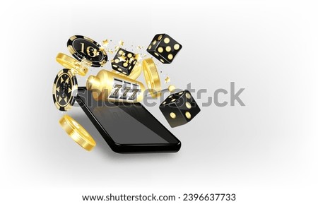 Slot machine in smartphone on white background. Online casino on mobile. Internet gambling concept. Design poster to ad 3D realistic vector.
