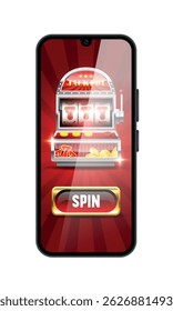 Slot machine in smartphone. Vector illustration isolated on white background.