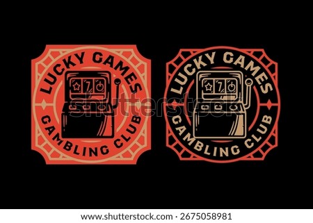 Slot machine with star, seven and cherry symbol retro badge logo vector design set for gambler. Lucky casino spin vintage emblem logo graphic pack. Gambling game illustration label element designs