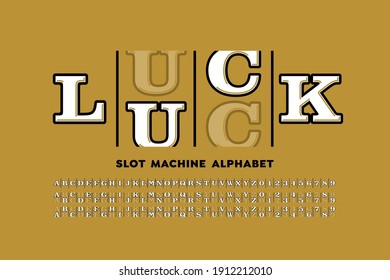 Slot machine style casino font, alphabet letters and numbers vector illustration