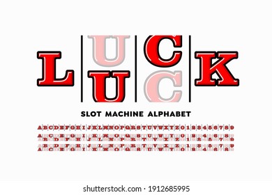 Slot machine style casino font, alphabet letters and numbers vector illustration