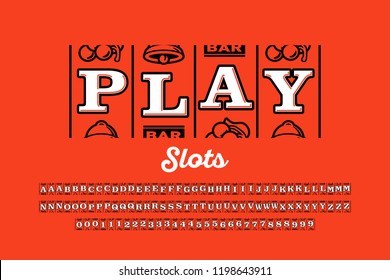 Slot machine style font, alphabet letters and numbers vector illustration