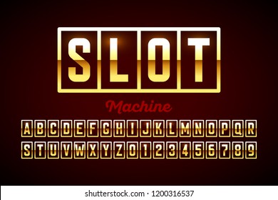 Slot machine style font, alphabet letters and numbers vector illustration