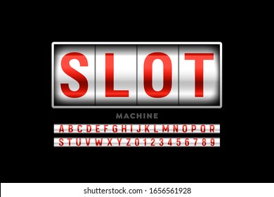 Slot machine style font, alphabet letters and numbers vector illustration