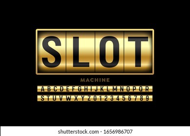 Slot machine style font, alphabet letters and numbers vector illustration