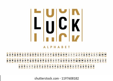 Slot machine style modern font, alphabet letters and numbers vector illustration