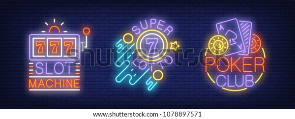 Slot machine, super\
lotto, poker club neon sign set. Logo collection with lotto ball\
and playing card. Night bright advertisements. Vector illustrations\
for casino