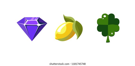 Slot machine symbols, diamond, lemon ftuit, clover leaf, game user interface elements for computer or mobile games vector Illustration