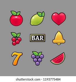 Slot machine symbols icons set. Casino gambling slot machine icons of fruit lemon seven bell .