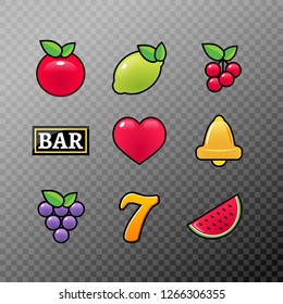 Slot machine symbols icons set. Casino gambling slot machine icons of fruit lemon seven bell .