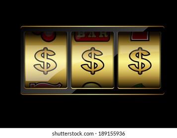 Slot machine symbols on black background. Three dollar signs. Vector illustration