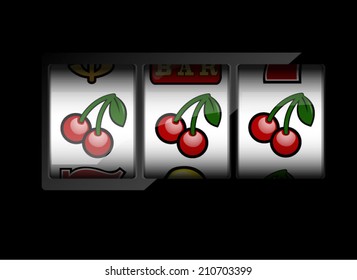 Slot Machine Symbols On Black Background. Three Cherries. 