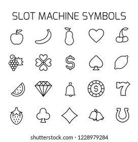Slot machine symbols related vector icon set. Well-crafted sign in thin line style with editable stroke. Vector symbols isolated on a white background. Simple pictograms.
