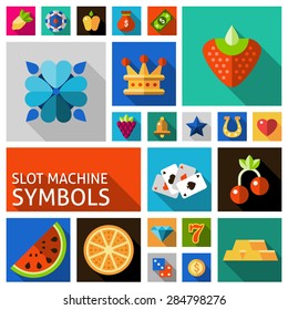 Slot machine symbols such as cards horseshoe strawberry crown flat shadow icons set isolated vector illustration 