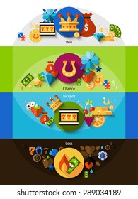 Slot machine with symbols for win chance jackpot and loss shadow horizontal banners set flat isolated vector illustration