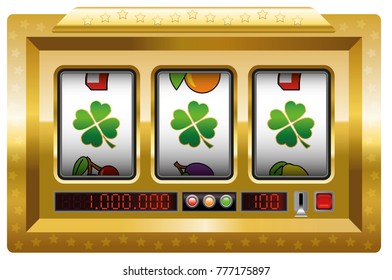 Slot machine with three lucky clover icons - symbol for good luck, success and winning the jackpot.