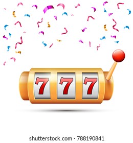 Slot machine with three sevens and confetti, vector design