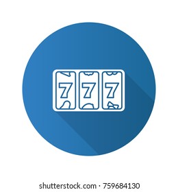 Slot machine with three sevens flat design long shadow glyph icon. 777. Lucky seven. Casino. Vector silhouette illustration