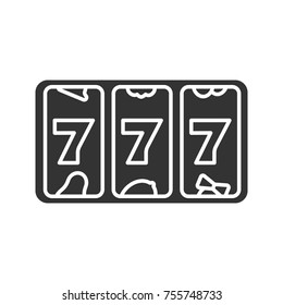 Slot machine with three sevens glyph icon. Silhouette symbol. 777. Lucky seven. Casino. Negative space. Vector isolated illustration
