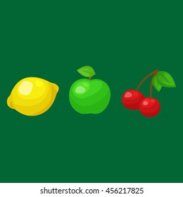 Slot machine with three seven's isolated on green background. win gambling casino icon, risk and play automat lemon apple cherry fruit vector illustration