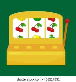 Slot machine with three seven's isolated on green background. win gambling casino icon, risk and play automat lemon apple cherry fruit vector illustration