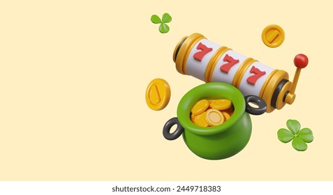 Slot machine with three sevens, pot full of gold coins, green clover leaves