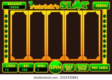 Slot machine UI for Game development. Complete slot menu with empty background and buttons in golden-green colors on the theme of St. Patricks Day.