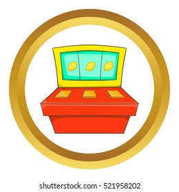 Slot machine vector icon in golden circle, cartoon style isolated on white background