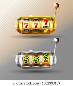 Slot Machine Vector set. Golden Lucky Empty Slot. Jackpot Gambling Machine Poster. Spin Object. Fortune Sign. Poker Chips, Casino 777 Illustration