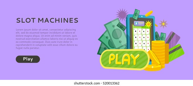 Slot machine web banner isolated on purple with play button. Money, coins, credit cards, telephone and stars. Casino jackpot, luck game, chance and gamble, lucky fortune. Vector illustration