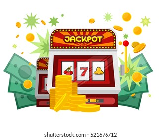 Slot machine web banner isolated on green. One arm gambling device. Casino jackpot, slot machine, fruit machine, luck game, chance and gamble, lucky fortune. Vector illustration in flat style