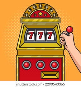 slot machine win pinup pop art retro vector illustration. man playing a slot machine. Comic book style imitation.