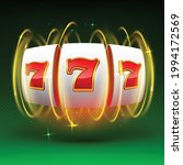 Slot machine wins the jackpot. 777 Big win casino concept. Slot machine on a green background with an explosion of spinning light. Vector illustration