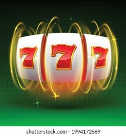Slot machine wins the jackpot. 777 Big win casino concept. Slot machine on a green background with an explosion of spinning light. Vector illustration