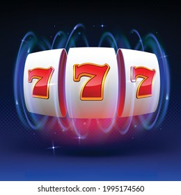 Die Slotmaschine gewinnt den Jackpot. 777 Big win Casino Konzept. Slotmaschine auf blauem Hintergrund mit Explosion von Spinnericht. Vektorgrafik