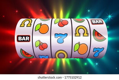Slot Machine Wins The Jackpot. Online Casino Banner. 777 Casino Background. Vector Illustration