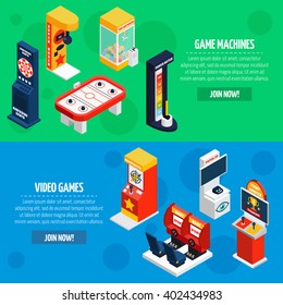 Slot machines 2 isometric banners webpage design with video games to play online abstract isolated vector illustration